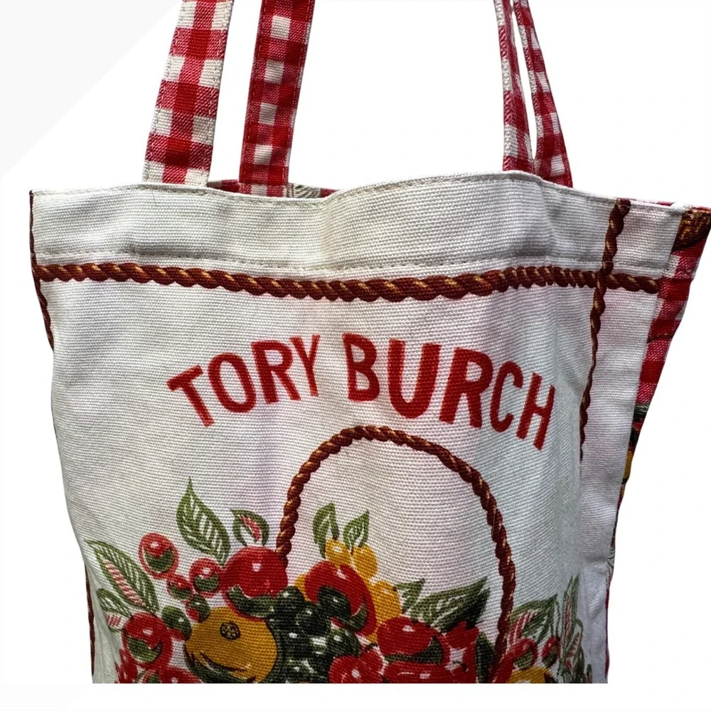 Tory Burch Fruits Du Marche Canvas Tote Bag Red Gingham French Market Bag